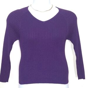 Jamie Scott Deep Purple Ribbed V-Neck Sweater Stretch Knit Vintage 90s Size L